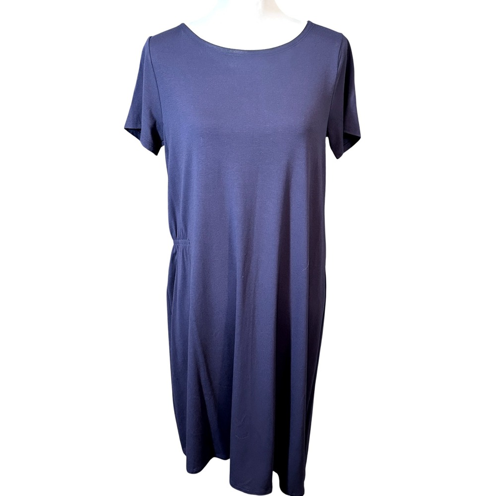 Eileen Fisher Dress‎ Womens XS Blue Viscose Jersey Side Ruched Asymmetrical Hem